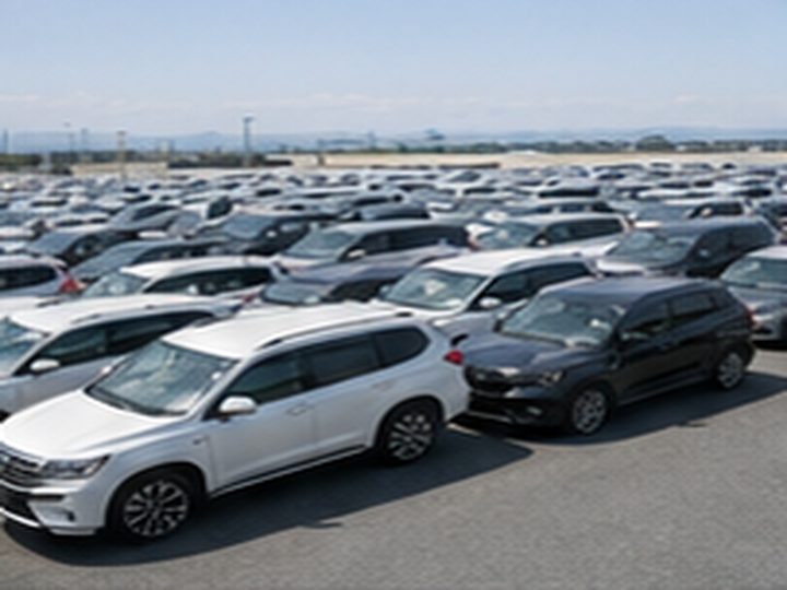 Japan export yard with vehicles prepared for RoRo and container shipping