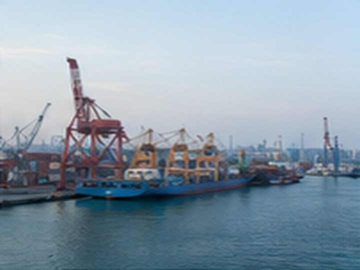 Port logistics with cranes supporting international export shipping
